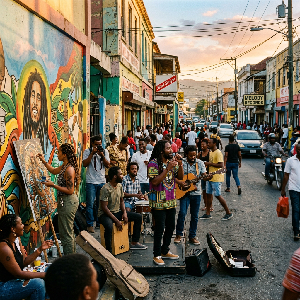 Street musicians performing next to a mural of Bob Marley while people watch and an artist paints on a canvas.