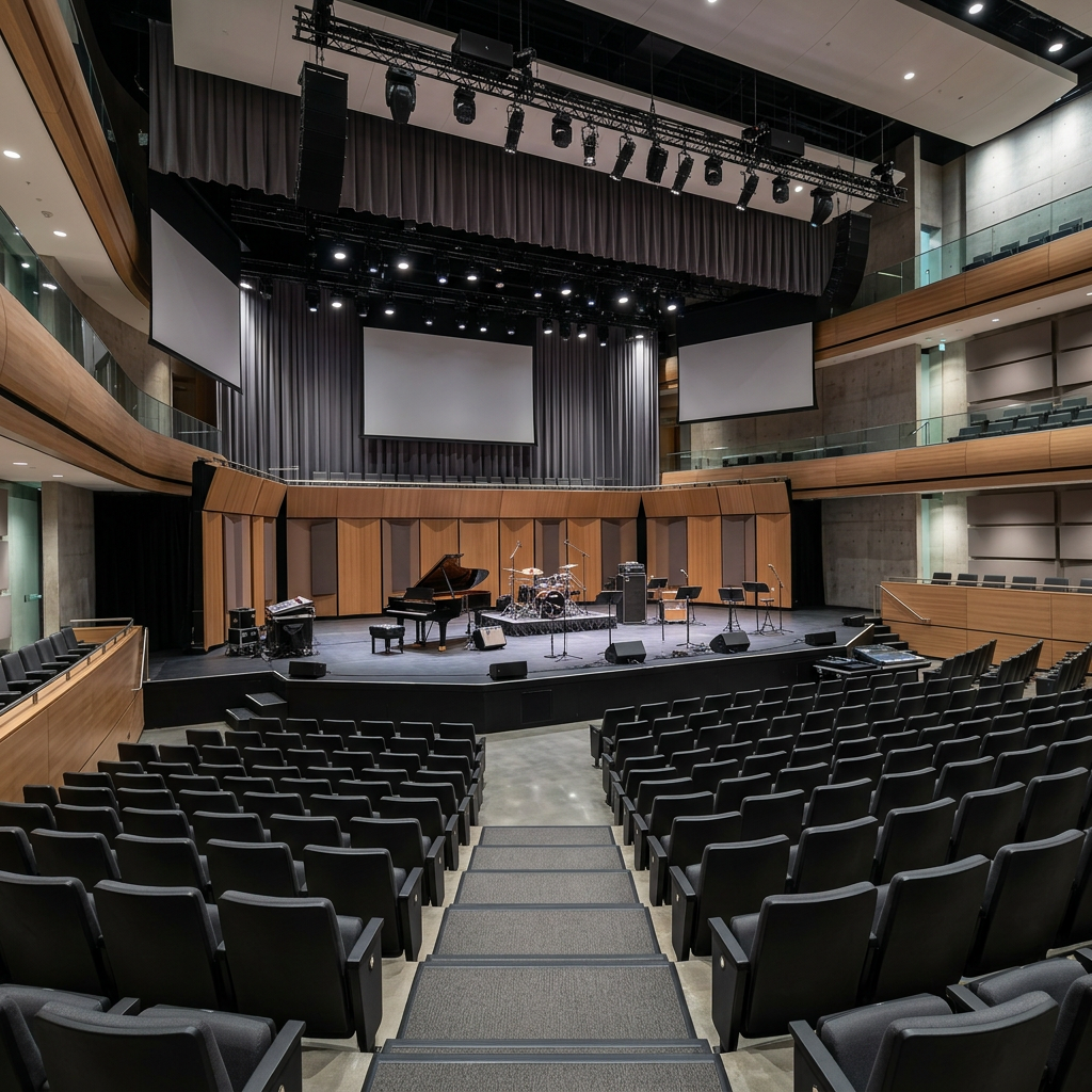 Concert hall stage with piano, drum set, microphones, and empty audience seats