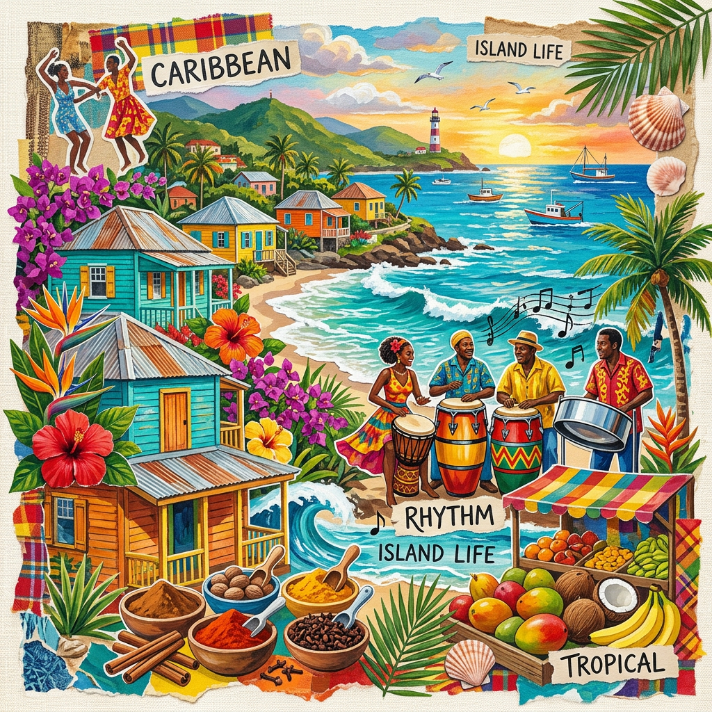 Caribbean coastal village with colorful houses, people playing drums, tropical fruits, spices, and sunset ocean view